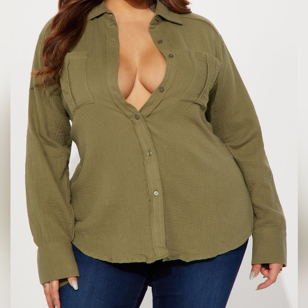 Olive Green Button-Up Women's Top